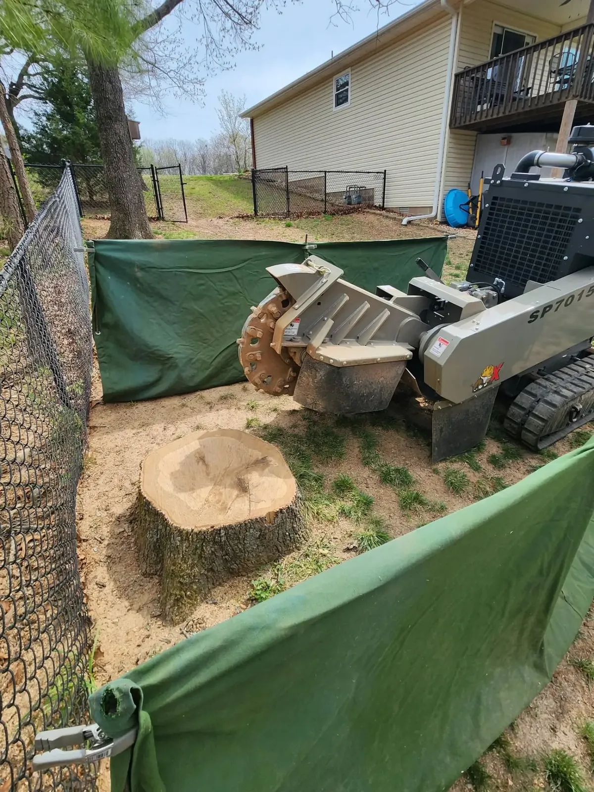 Stump grinder positioned beside a stump between a house and fence